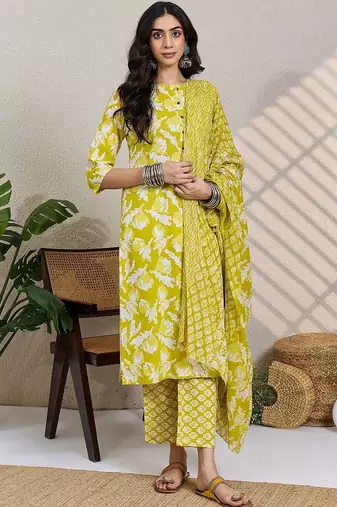 Lime green women floral printed regular pure cotton kurta with trousers & with dupatta