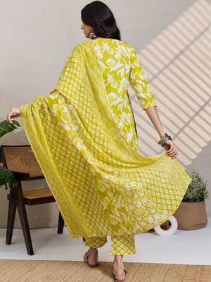 Lime green women floral printed cotton kurta with trousers & with dupatta 5