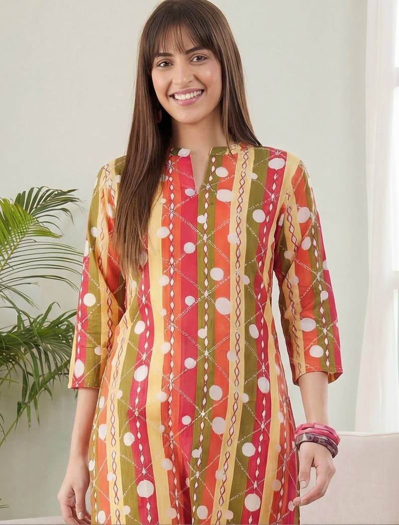 Multicolor women printed regular pure cotton kurta with palazzos