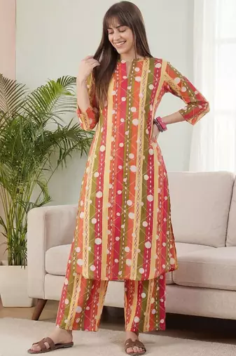 Multicolor women printed regular pure cotton kurta with palazzos