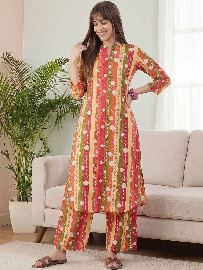 Multicolor women printed regular pure cotton kurta with palazzos