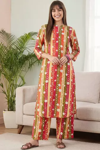 Multicolor women printed regular pure cotton kurta with palazzos