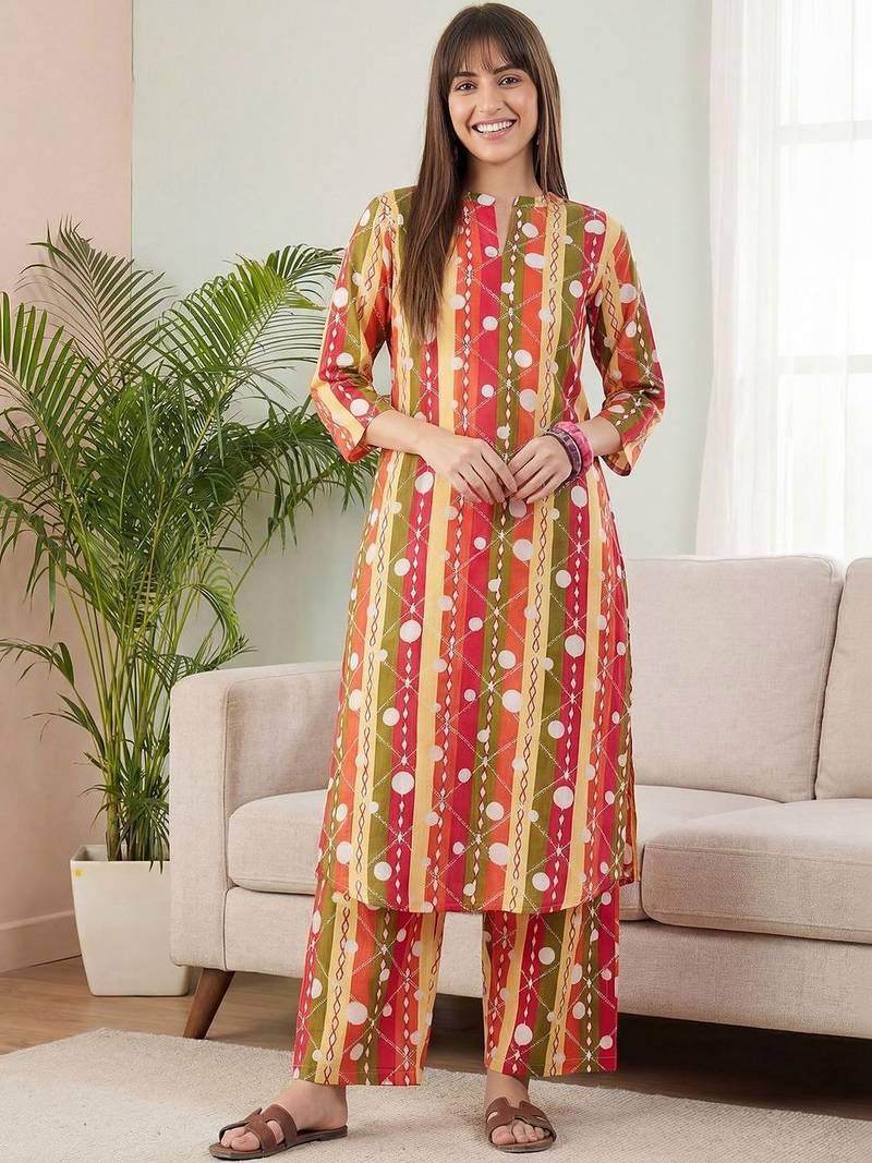 Multicolor women printed regular pure cotton kurta with palazzos