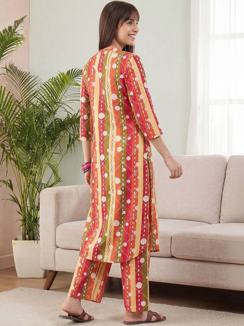 Multicolor women printed regular pure cotton kurta with palazzos