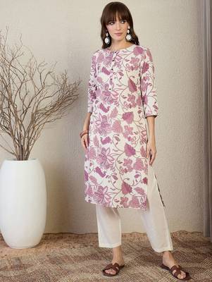 Off white floral printed round neck straight kurta 1