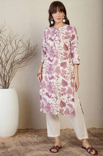 Off white floral printed round neck straight kurta