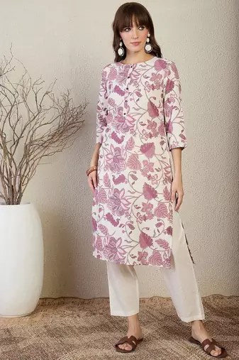 Off white floral printed round neck straight kurta