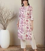 Off white floral printed round neck straight kurta
