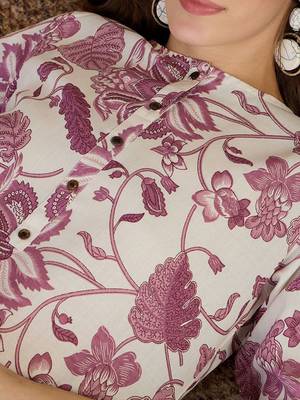 Off white floral printed round neck straight kurta 3