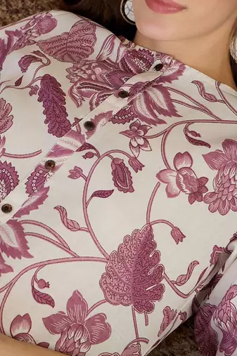 Off white floral printed round neck straight kurta