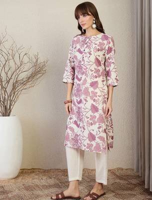 Off white floral printed round neck straight kurta 4