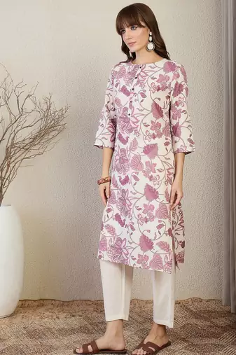 Off white floral printed round neck straight kurta