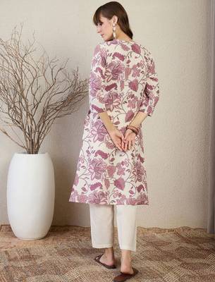 Off white floral printed round neck straight kurta 5
