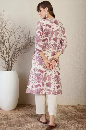 Off white floral printed round neck straight kurta
