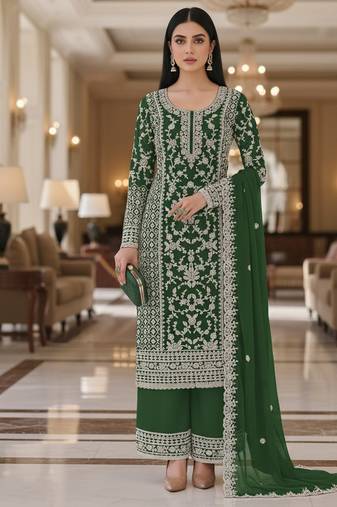 Green color girlie butterfly net ceremonial salwar kameez for glamorous looks