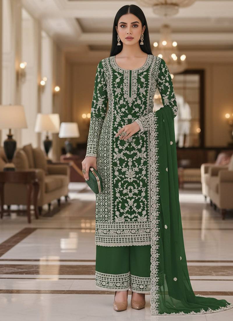 Green color girlie butterfly net ceremonial salwar kameez for glamorous looks