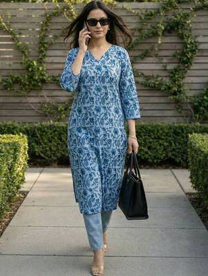 Blue women floral printed floral kurta 5
