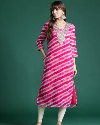 Pink leheriya printed gotta patti detailed embroidered georgette kurta 1
