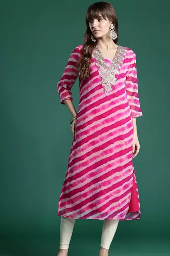 Pink leheriya printed gotta patti detailed embroidered georgette kurta