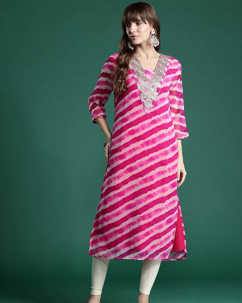 Pink leheriya printed gotta patti detailed embroidered georgette kurta
