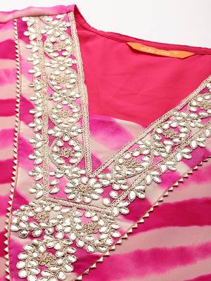Pink leheriya printed gotta patti detailed embroidered georgette kurta 2