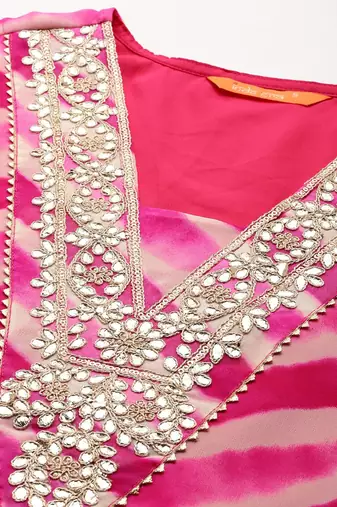 Pink leheriya printed gotta patti detailed embroidered georgette kurta