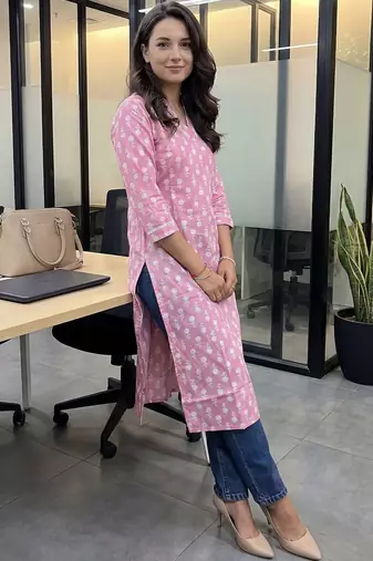 Pink floral printed cotton straight kurta