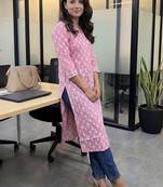 Pink floral printed cotton straight kurta