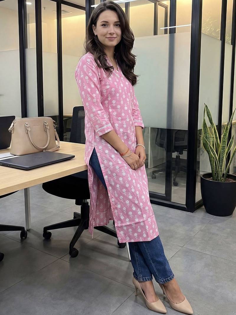 Pink floral printed cotton straight kurta