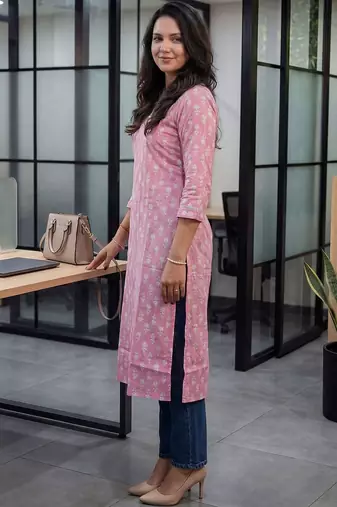 Pink floral printed cotton straight kurta
