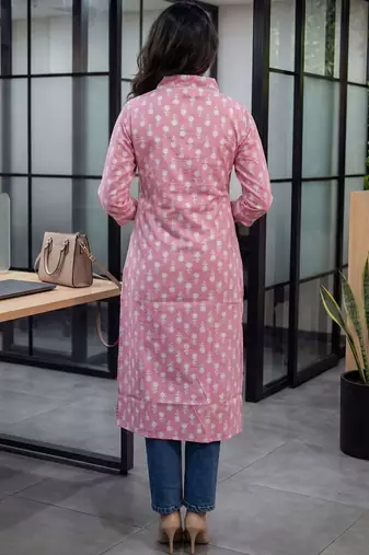 Pink floral printed cotton straight kurta