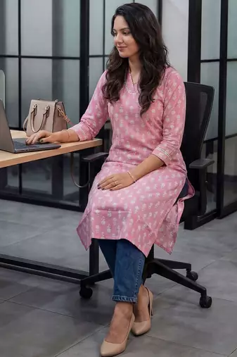 Pink floral printed cotton straight kurta