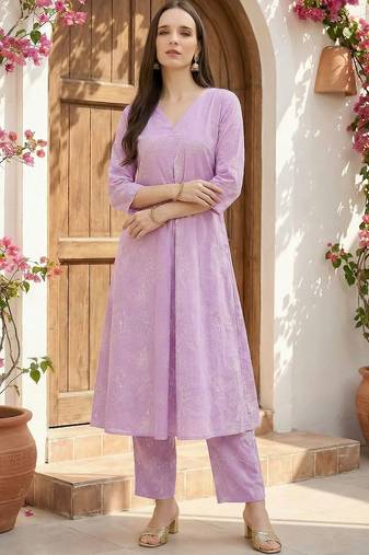 Lavender women floral printed cotton kurta with trousers