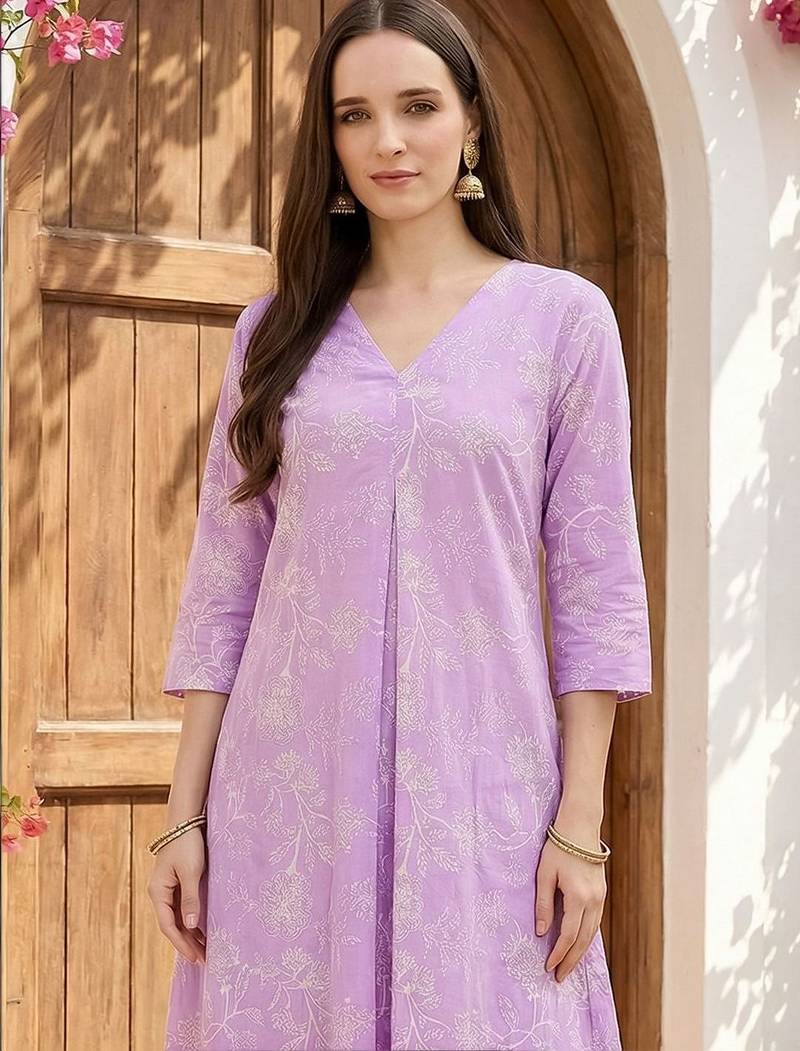 Lavender women floral printed regular pure cotton kurta with trousers