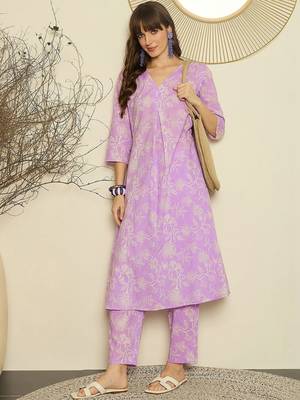 Lavender women floral printed cotton kurta with trousers 3