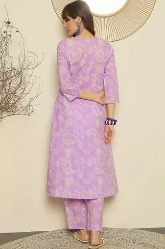 Lavender women floral printed regular pure cotton kurta with trousers