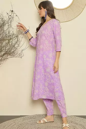 Lavender women floral printed regular pure cotton kurta with trousers