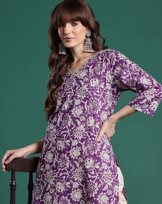 Purple floral printed cotton kurta 2