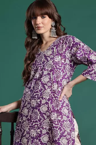 Purple floral printed pure cotton kurta