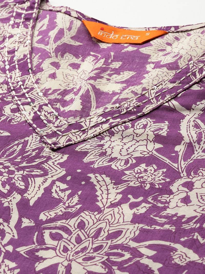 Purple floral printed pure cotton kurta