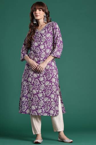 Purple floral printed  cotton kurta