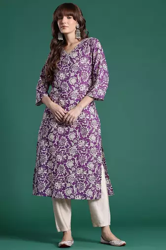 Purple floral printed pure cotton kurta