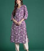 Purple floral printed cotton kurta