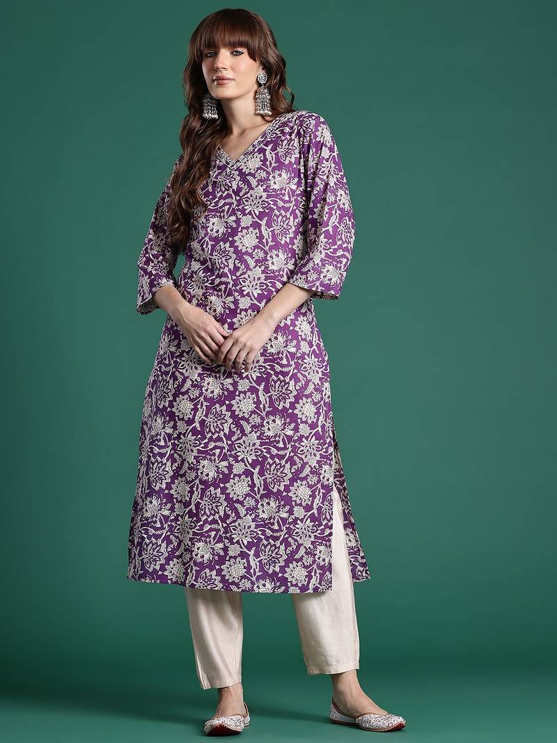 Purple floral printed pure cotton kurta