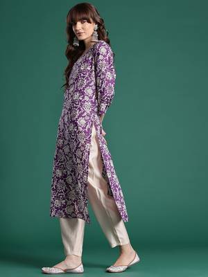 Purple floral printed cotton kurta 4