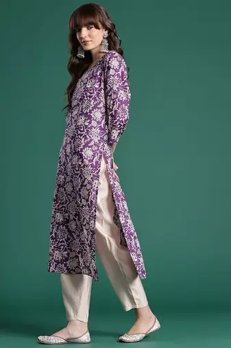 Purple floral printed pure cotton kurta