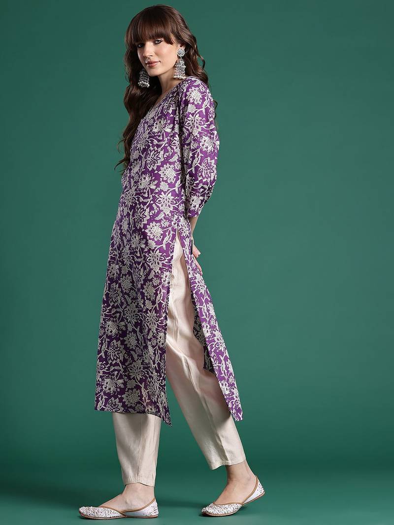 Purple floral printed pure cotton kurta