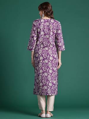 Purple floral printed cotton kurta 5