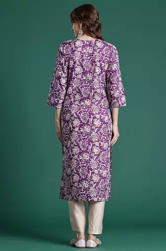 Purple floral printed pure cotton kurta