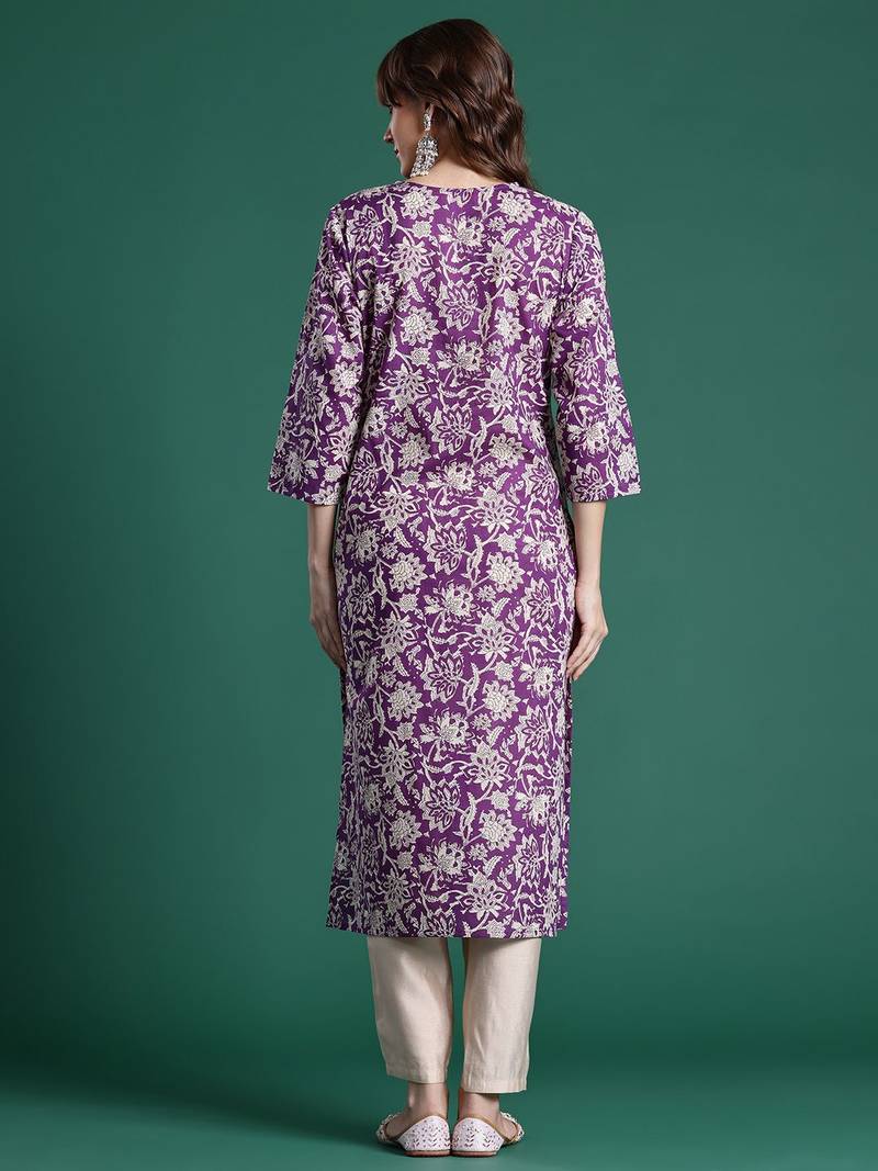 Purple floral printed pure cotton kurta